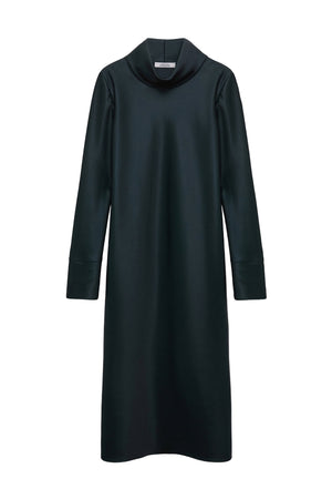 The Dorothee Schumacher Shiny Statement Dress is a black, long-sleeved, knee-length dress with a relaxed fit and draped turtleneck, shown against a plain white background.