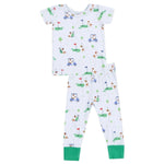 The Angel Dear Baby and Kids' Dog Gone Golf Short Sleeve Loungewear Set features a golf-themed print and long pants with green cuffs—ideal for comfort after playtime or during potty training.