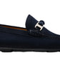 Introducing Magnanni's Monterey Braid Bit Driver Loafer: a navy blue suede gem with a silver buckle, calfskin upper, and black rubber sole, seamlessly merging classic elegance with the comfort of a driving shoe.