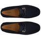 Top view of the Monterey Braid Bit Driver Loafer by Magnanni in dark blue suede, featuring a calfskin upper, braided detail, silver buckle, and tan insoles with "Magnanni" printed. It combines the elegance of a traditional driving shoe with modern sophistication.
