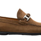 The Magnanni Monterey Braid Bit Driver Loafer showcases a brown suede design with a metal buckle, black sole, and visible stitching. This classic driving shoe features a supple calfskin upper, blending traditional style with modern elegance.