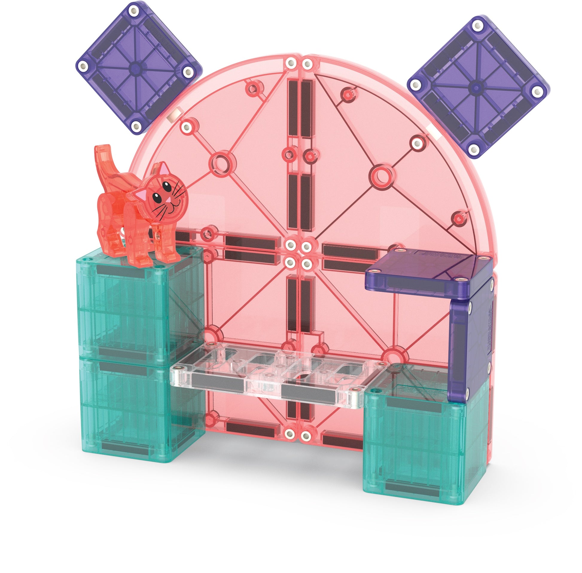 Build an arch with two columns and top it with the red toy cat from the Magnatiles Cat Tree 13-Piece Set, while purple tiles add a creative backdrop for hands-on play.