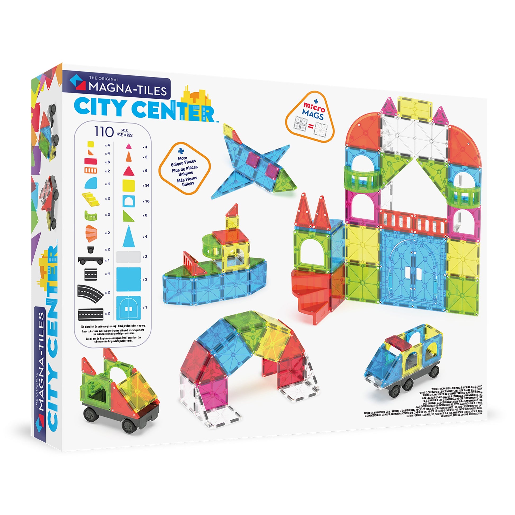 Magnatiles City Center 110-Piece Set box features vibrant magnetic tile constructions, vehicles, and an illustrated parts guide on the packaging—ideal for sparking creativity and imaginative city planner play adventures with this inspiring building toy set.