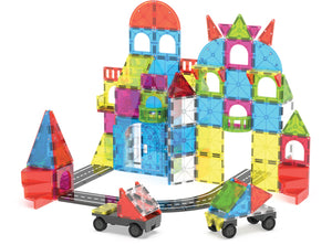 The Magnatiles City Center 110-Piece Set features vibrant magnetic tiles that assemble into a castle structure, complete with two toy cars and a curved road track in front.