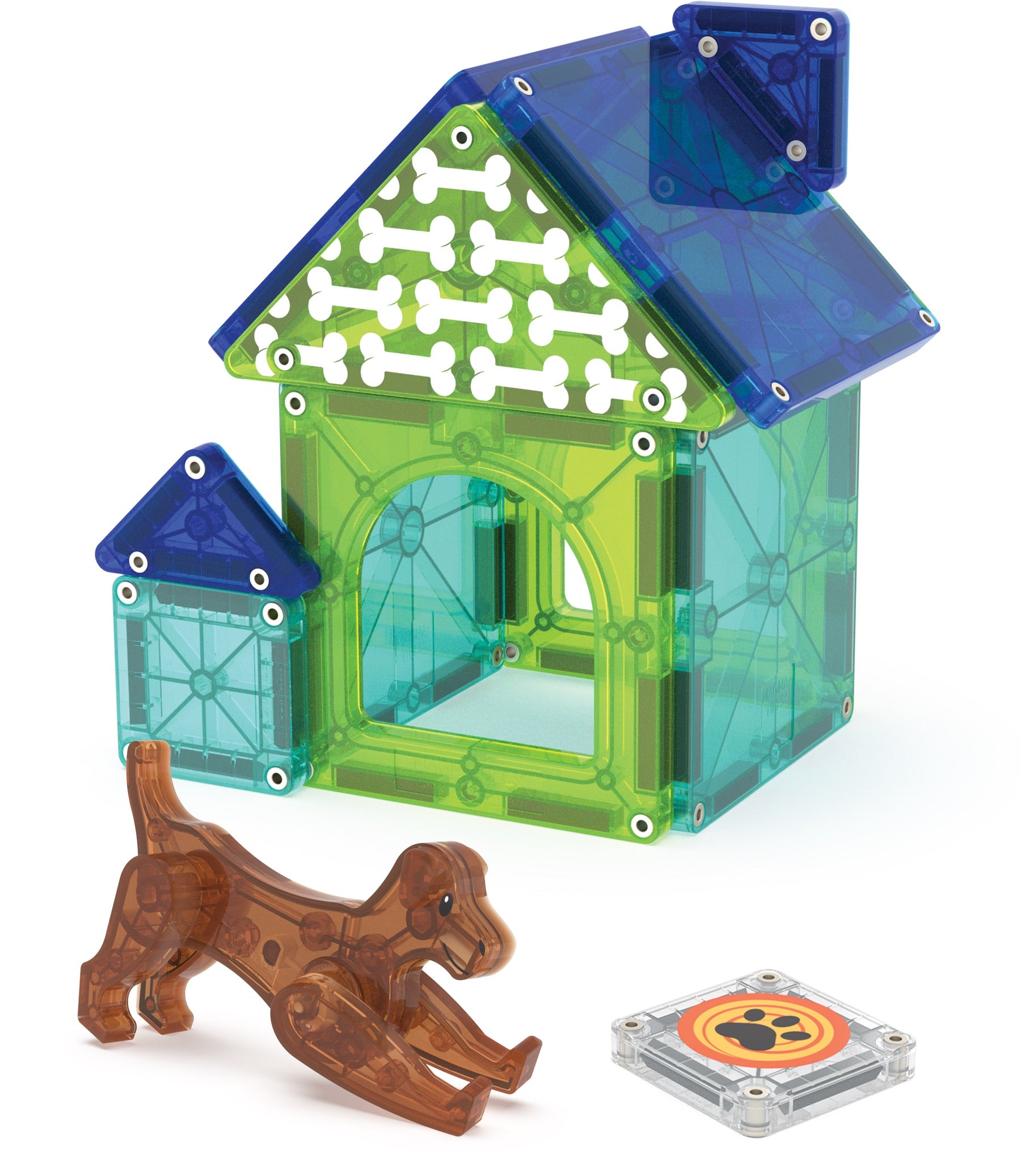 The Magnatiles Dog House 13-Piece Set includes microMAGS pieces, a small brown dog figure, and a paw print square tile for pet-themed building fun.