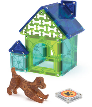 The Magnatiles Dog House 13-Piece Set includes microMAGS pieces, a small brown dog figure, and a paw print square tile for pet-themed building fun.