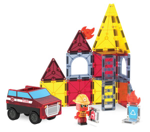 Ignite creativity with the Magnatiles Fire Rescue 27-Piece Set—featuring red and yellow magnetic tiles, a fire truck, firefighter figure, ladder, flames, and emergency signs for endless heroic adventures.