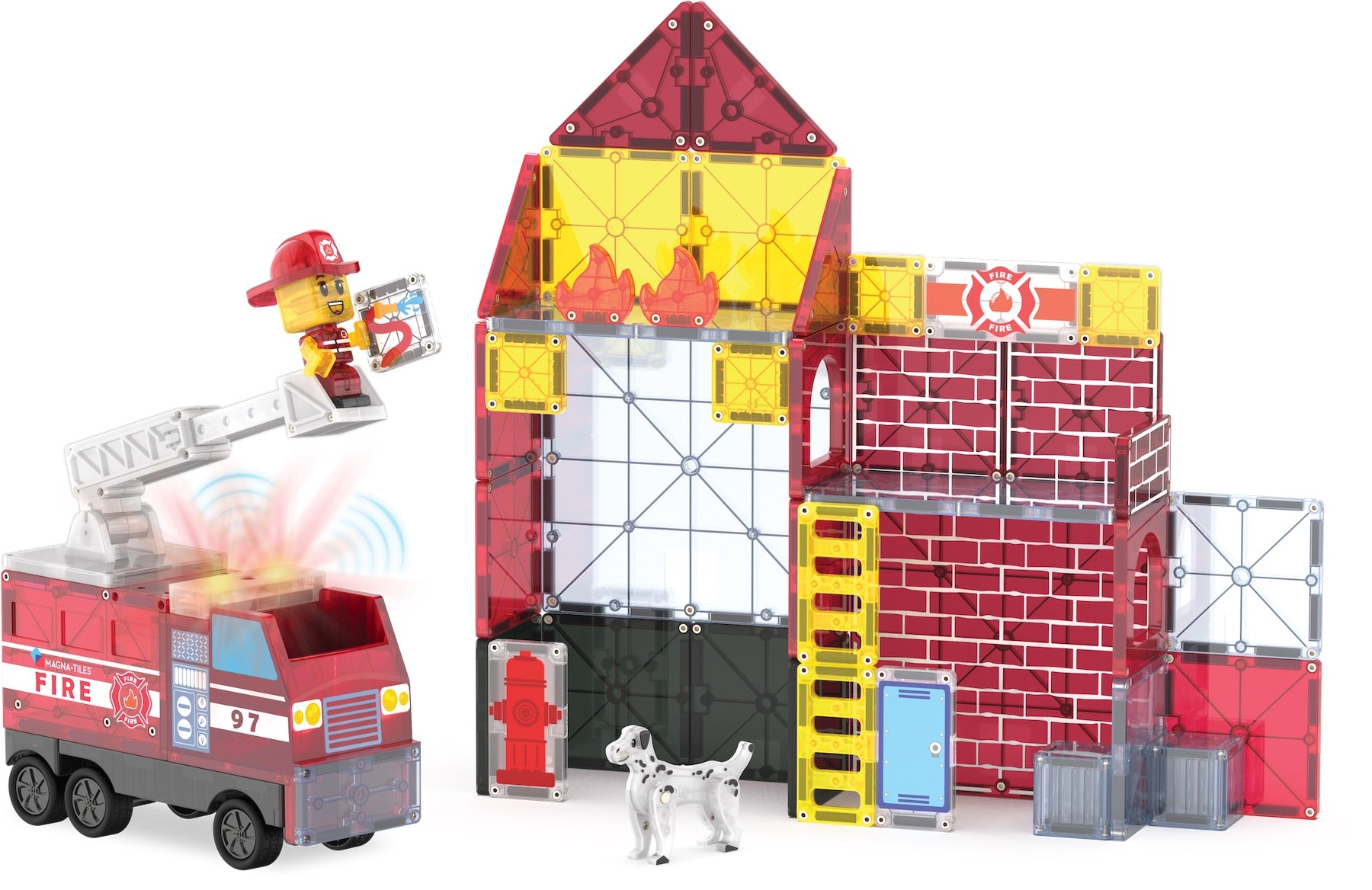 The Magnatiles Fire Station 50-Piece Set sparks imaginative play as kids use the included toy fire truck and firefighter figure to "spray" water at magnetic tile buildings they construct. With a toy Dalmatian, plus assorted doors and windows, this set offers endless creative fun.