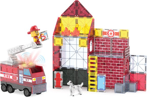 The Magnatiles Fire Station 50-Piece Set sparks imaginative play as kids use the included toy fire truck and firefighter figure to "spray" water at magnetic tile buildings they construct. With a toy Dalmatian, plus assorted doors and windows, this set offers endless creative fun.