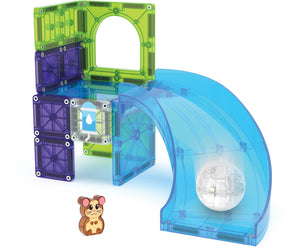 The Hamster Ball 13-Piece Set by Magnatiles is a vibrant construction toy that includes colorful magnetic tiles, a curved ramp, a small magnetic ball, and an adorable cartoon hamster figure—perfect for endless imaginative play.