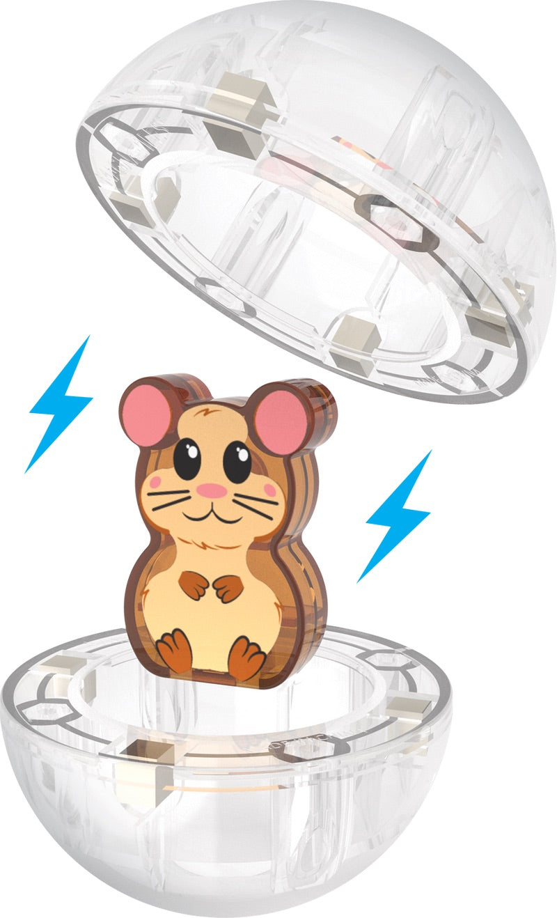 Illustration of a cartoon hamster inside a clear plastic magnetic ball that is opening in half, with blue lightning symbols on each side. This playful scene is inspired by the imaginative world of the Magnatiles Hamster Ball 13-Piece Set, bringing creativity and fun to life.