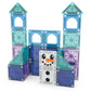 A building made of translucent MAGNA-TILES from the Magnatiles Winter Wonderland 26-Piece Travel Set features two towers and a snowman face at the center, inspiring imaginative magnetic play.