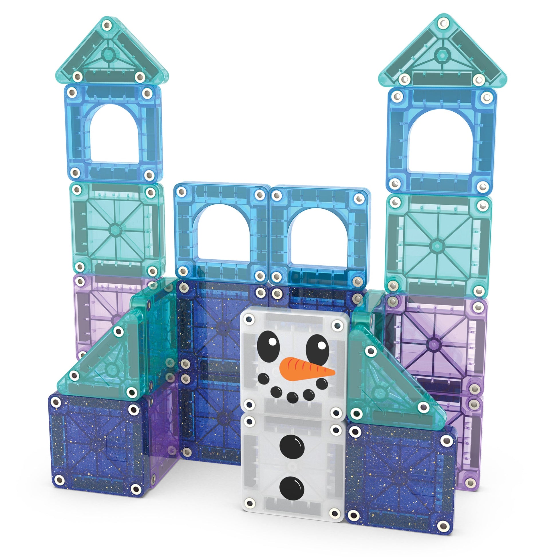 A building made of translucent MAGNA-TILES from the Magnatiles Winter Wonderland 26-Piece Travel Set features two towers and a snowman face at the center, inspiring imaginative magnetic play.