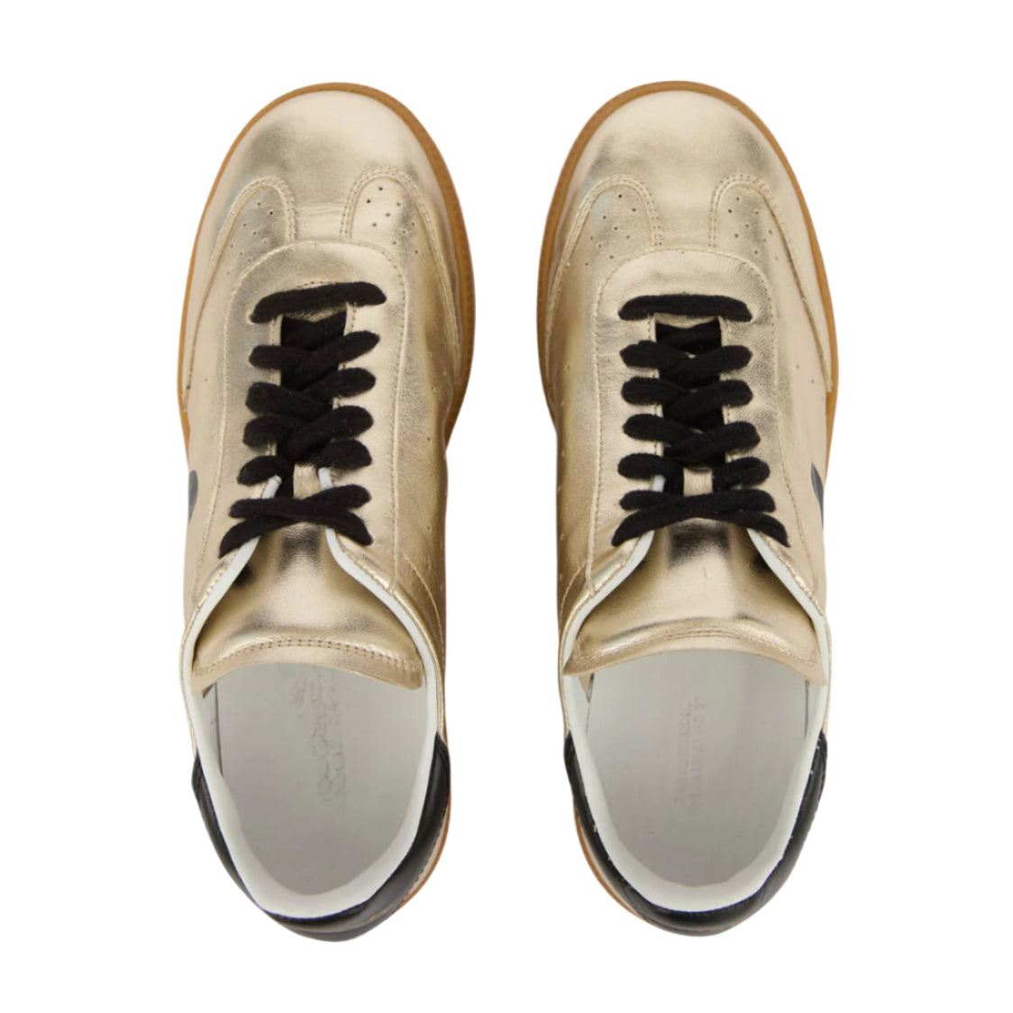 The Isabel Marant Kaycee Sneaker, crafted from light gold metallic leather, includes black laces and white interiors. From above, the brown soles and black heel accents add a striking touch to this stylish pair.