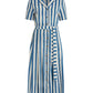 The Emporio Sirenuse Claudia Ikat Stripe Dress is a blue and white vertical striped short-sleeve shirt dress with a belted waist and button front, crafted from handloom cotton for timeless elegance.