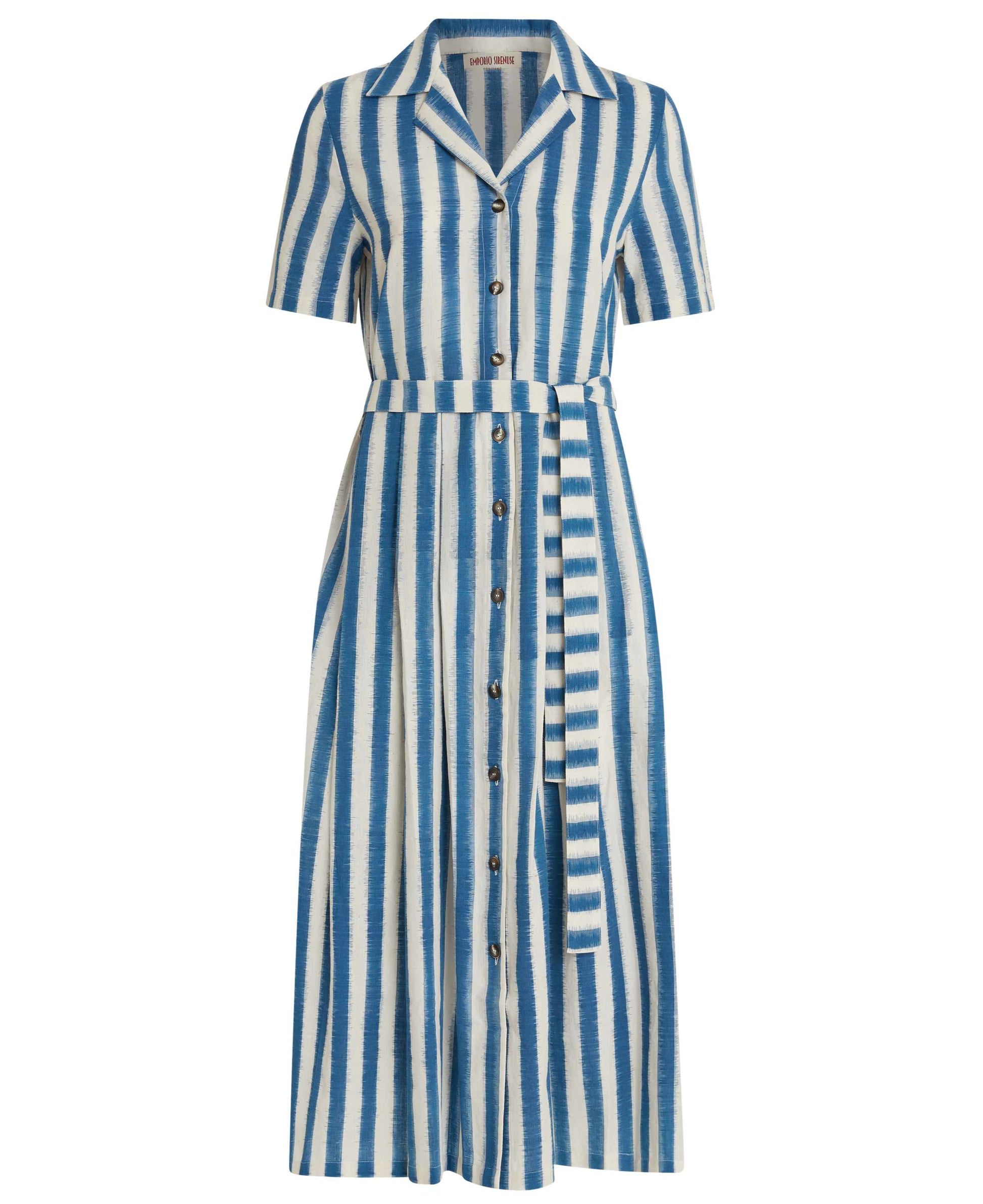 The Emporio Sirenuse Claudia Ikat Stripe Dress is a blue and white vertical striped short-sleeve shirt dress with a belted waist and button front, crafted from handloom cotton for timeless elegance.