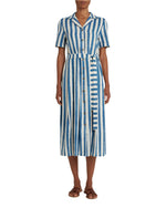 Someone is wearing the Emporio Sirenuse Claudia Ikat Stripe Dress with its blue and white striped button-down design and belted waist, paired with brown sandals.