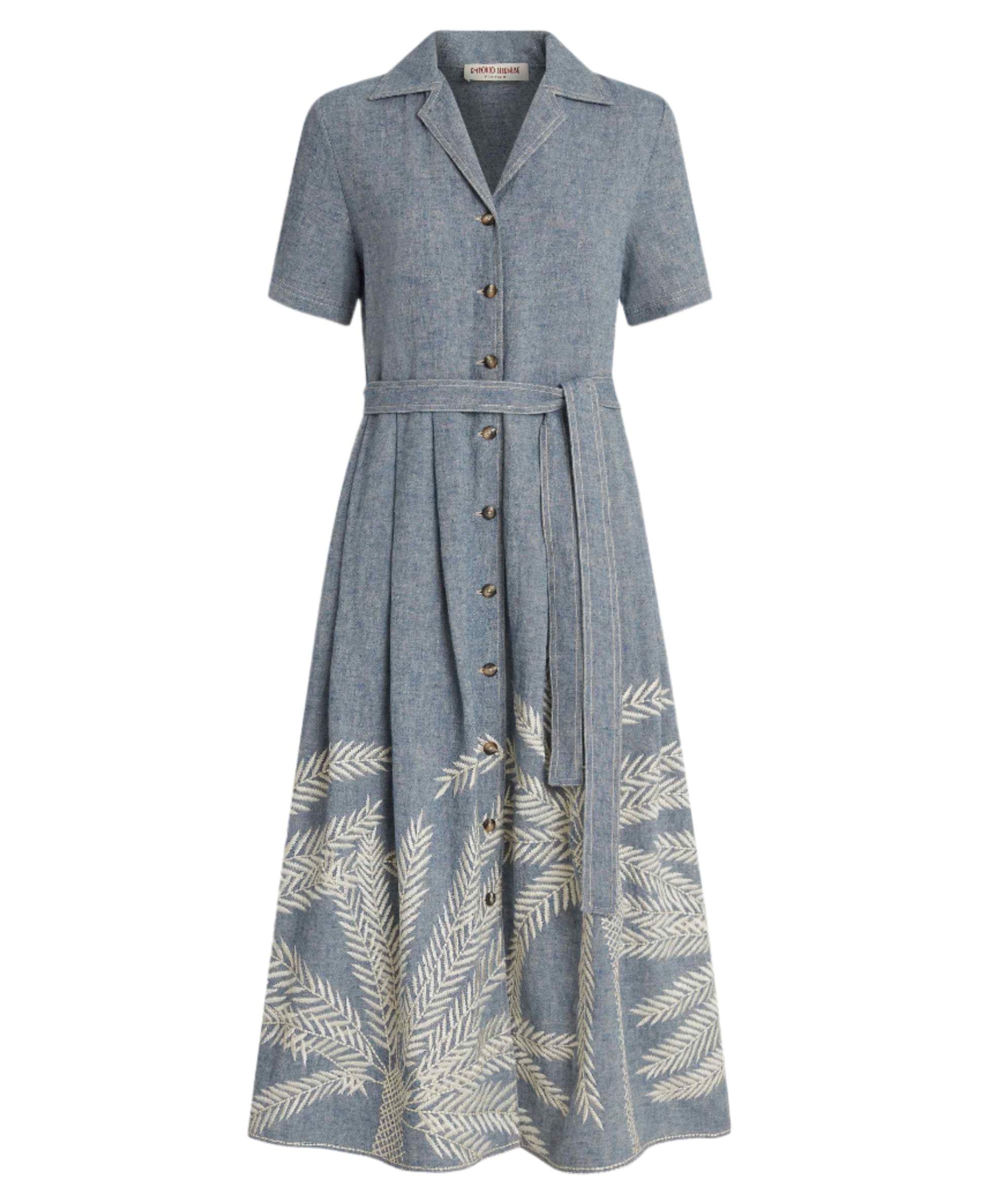 The Emporio Sirenuse Claudia Palm Embroidery Dress is a blue button-down midi chemisier crafted from Japanese linen, featuring short sleeves, a collar, a matching belt, and a white palm-stitched nature-inspired embroidered pattern on the lower portion.