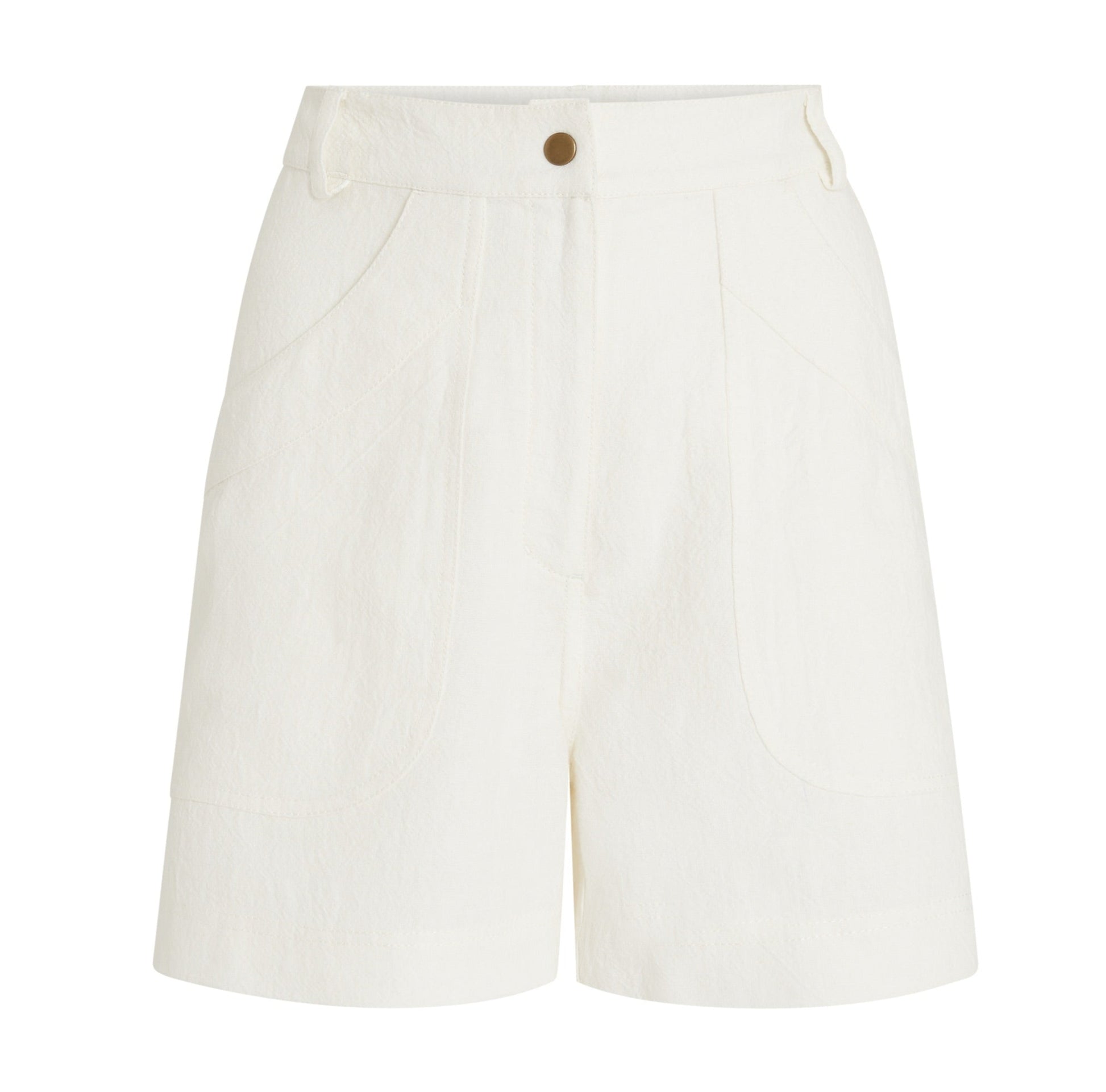 The Emporio Sirenuse Teia Shorts are high-waisted, made of Japanese linen, and feature front pockets with a single button closure.