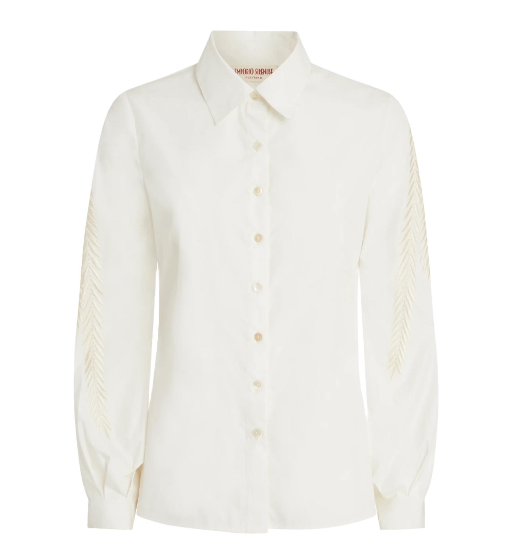 The Emporio Sirenuse Carolina Palm Embroidery Top radiates elegance with its white long-sleeve design, button-down closure, and collared neck, highlighted by delicate tonal palm leaf embroidery on the sleeves.