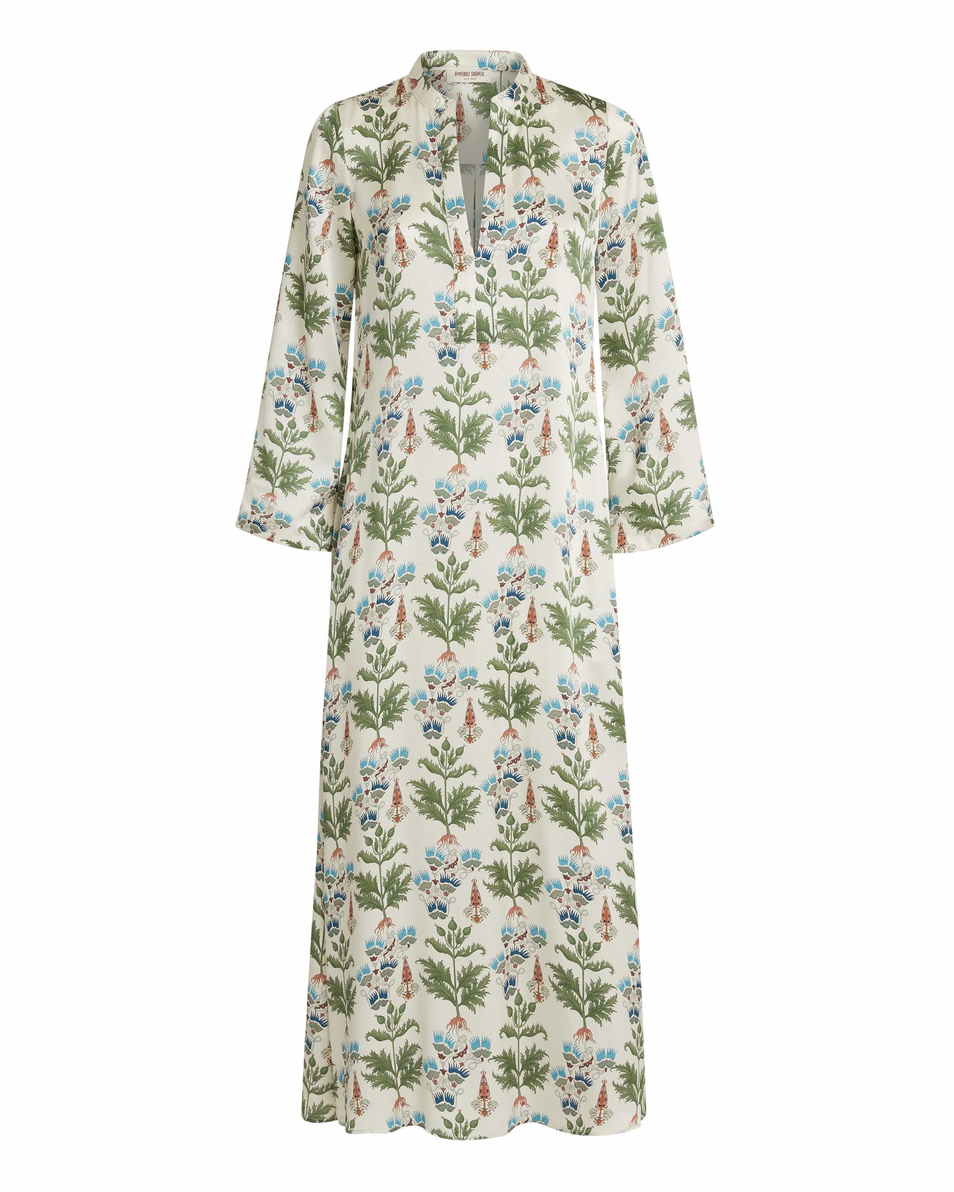 The Emporio Sirenuse Jenna Persian Botanic Silk Dress offers a caftan style with long bell sleeves and a V-neckline, adorned with green botanical patterns on a white backdrop.