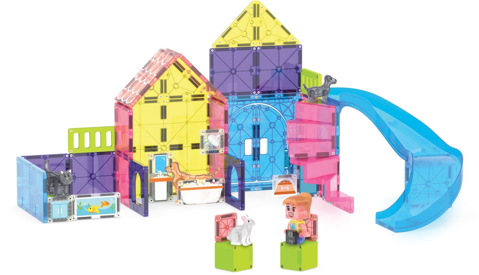 Magnatiles Pet Playhouse 50-Piece Set includes magnetic tiles and figurines—a child, cat, dog, bathtub, and slide—so kids can build a playful home scene for hours of imaginative fun.