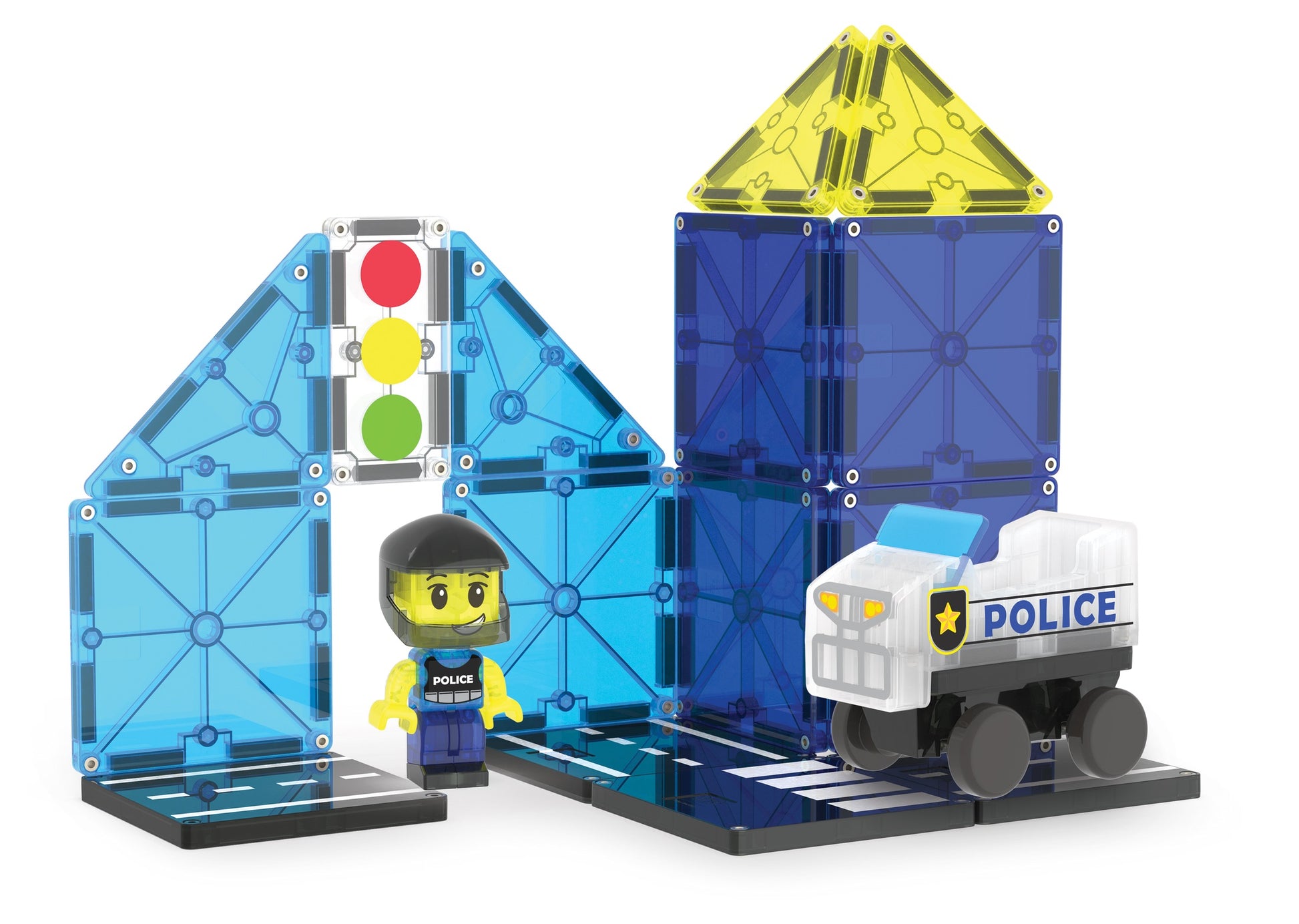 Build your own police station with the Magnatiles Police Station 20-Piece Set! This fun building set features blue and yellow magnetic tiles, a police figure, a patrol truck, and a traffic light for endless imaginative play.