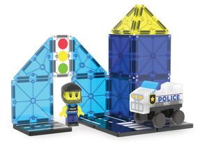 Build your own police station with the Magnatiles Police Station 20-Piece Set! This fun building set features blue and yellow magnetic tiles, a police figure, a patrol truck, and a traffic light for endless imaginative play.