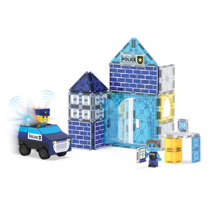 The Magnatiles Police Station 35-Piece Set is a magnetic building set with a police car, two figures, accessories, and a light-and-sound tile for interactive play.