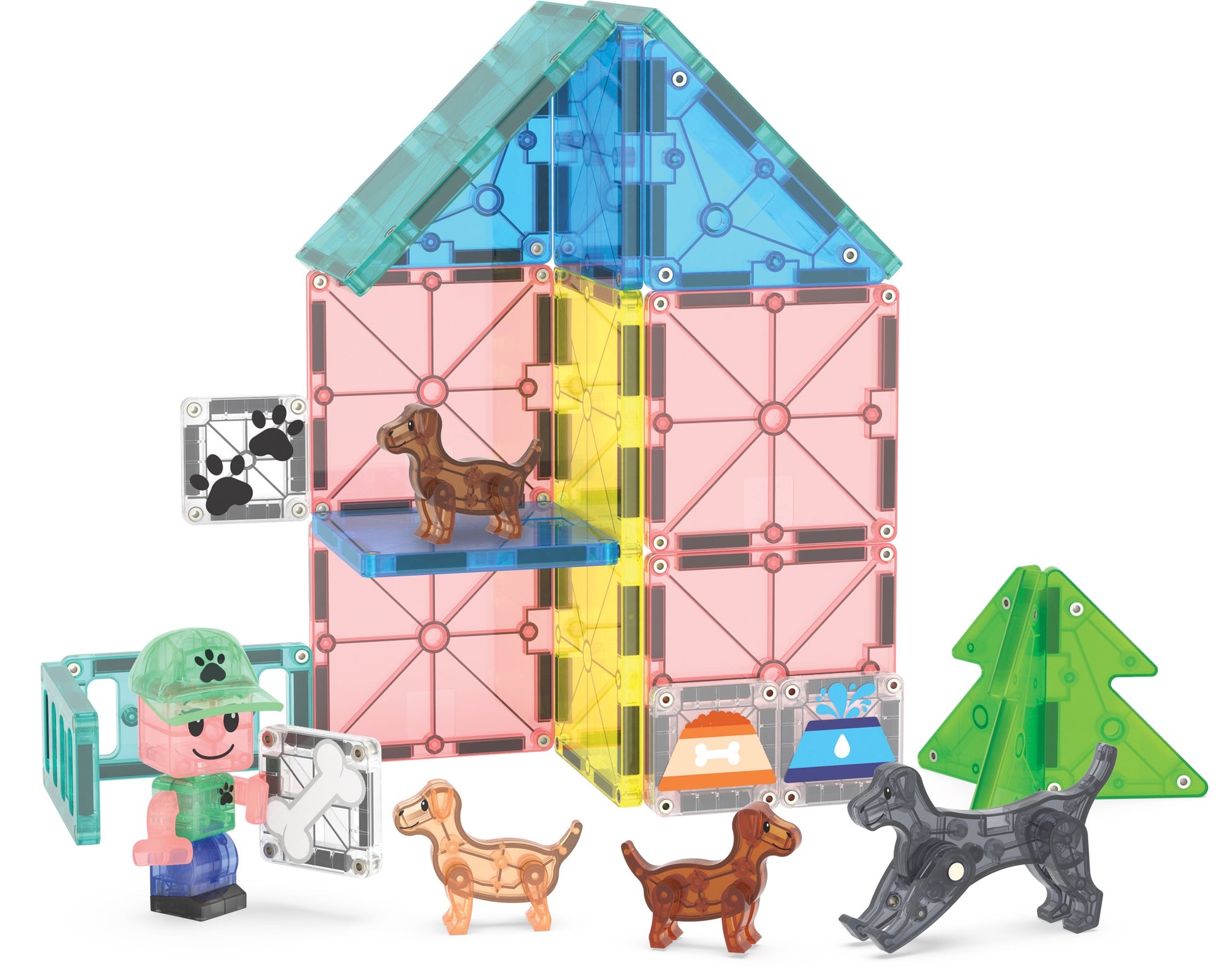 The Magnatiles Puppy Park 27-Piece Set lets kids build a two-story house with toy dogs, a tree, a human figure, and pet-themed accessories—perfect for creative play with pet pals.