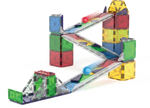 The Magnatiles Rail Racers 90-Piece Set lets kids build a colorful marble run with clear ramps, red and blue marbles, and green, blue, red, and yellow geometric tiles—perfect for creative STEM learning fun.
