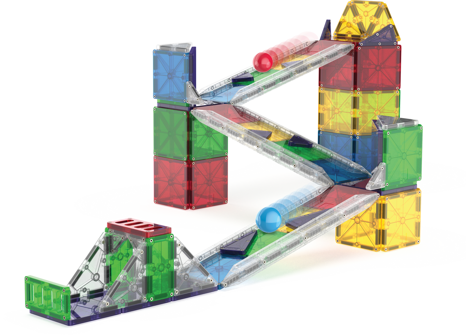 The Magnatiles Rail Racers 90-Piece Set lets kids build a colorful marble run with clear ramps, red and blue marbles, and green, blue, red, and yellow geometric tiles—perfect for creative STEM learning fun.