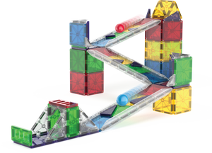 The Magnatiles Rail Racers 90-Piece Set lets kids build a colorful marble run with clear ramps, red and blue marbles, and green, blue, red, and yellow geometric tiles—perfect for creative STEM learning fun.
