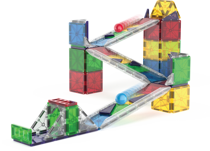 The Magnatiles Rail Racers 90-Piece Set lets kids build a colorful marble run with clear ramps, red and blue marbles, and green, blue, red, and yellow geometric tiles—perfect for creative STEM learning fun.