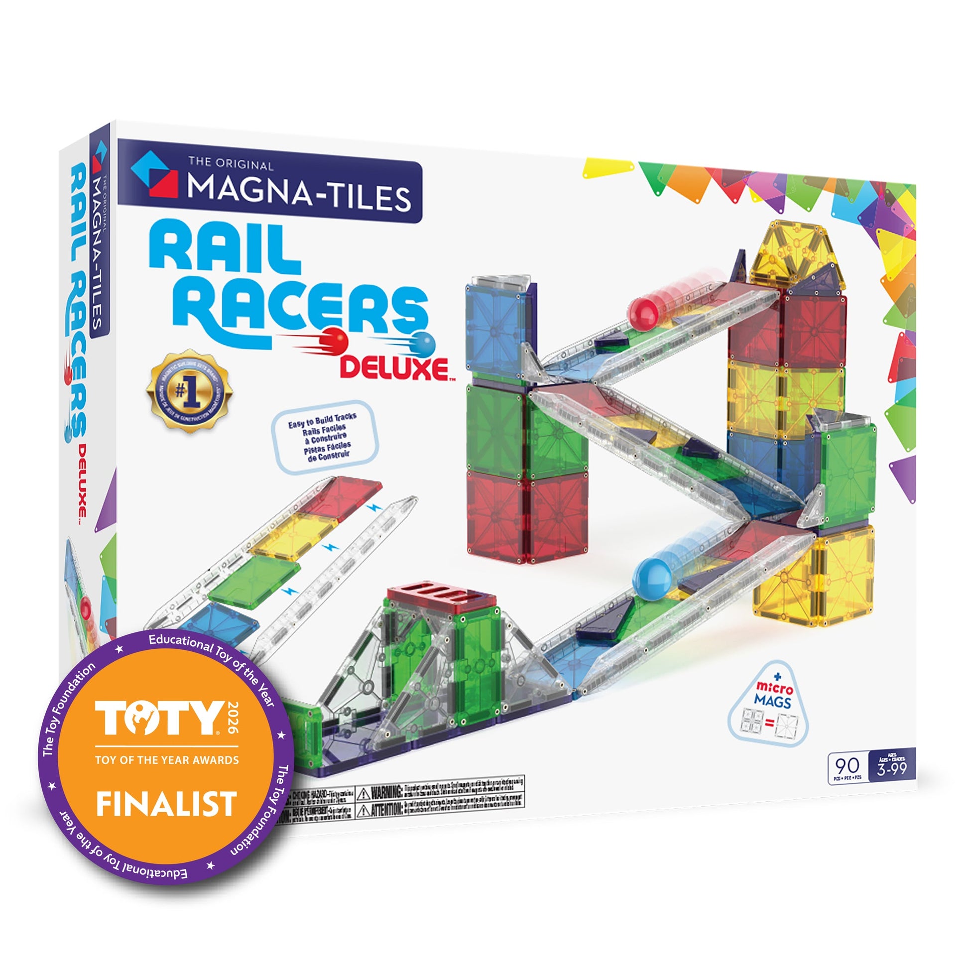 Box of Magnatiles Rail Racers 90-Piece Set, a magnetic racetrack STEM building kit, with the Toy of the Year Awards finalist badge shown on the lower left corner.