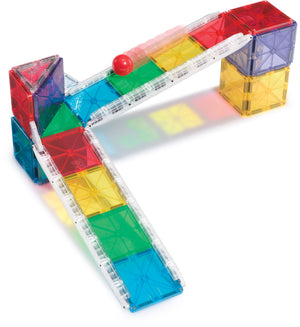The Magnatiles Rail Racers 33-Piece Set features colorful magnetic tiles forming an L-shaped ramp for a dynamic racetrack, complete with a red ball—perfect for STEM-inspired play.