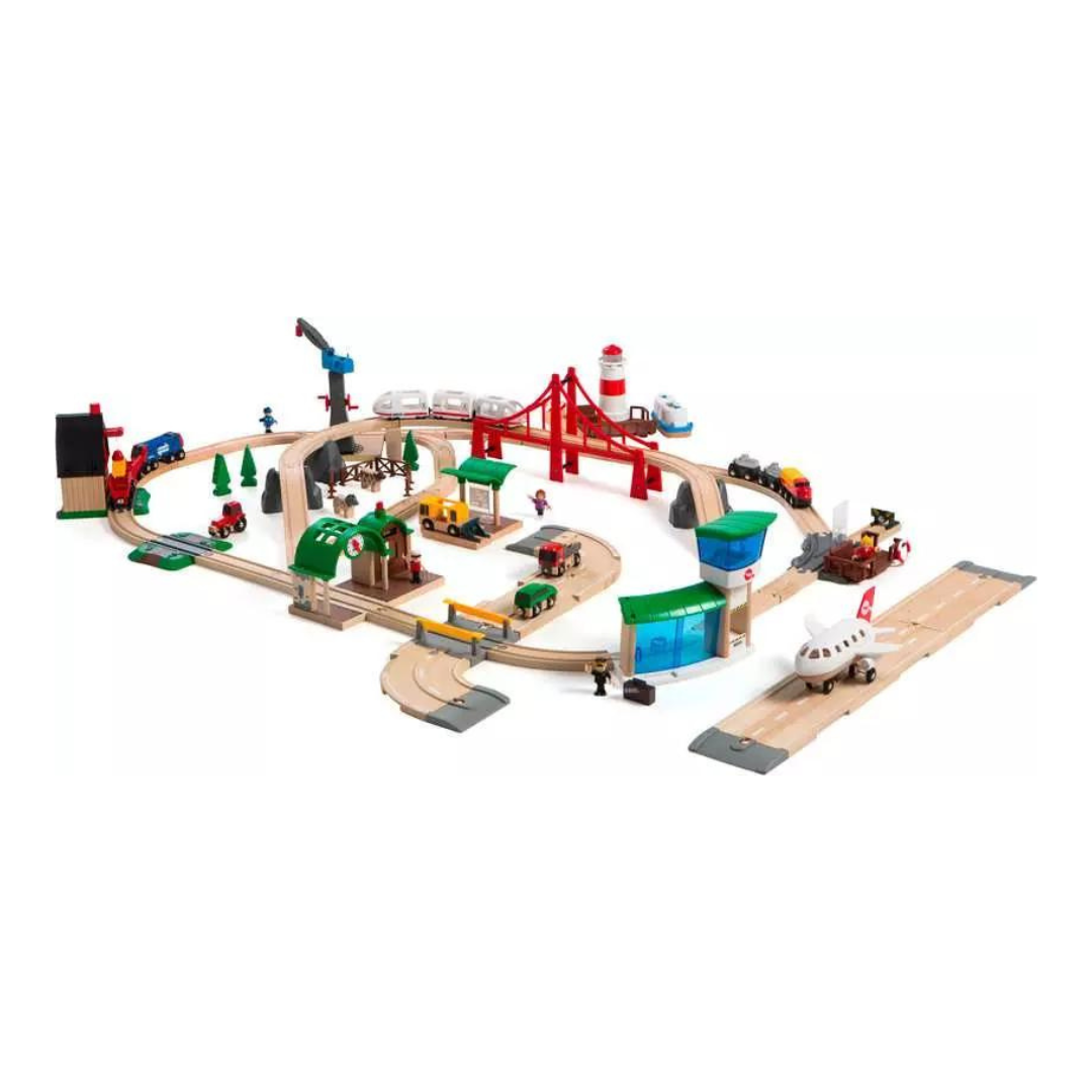 Brio's wooden toy train set with people and cars.