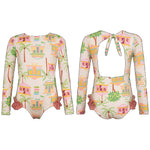 The Pepita & Me Baby Girls' and Girls' Alana Longsleeve Rashguard features UPF50+ sun protection, a pastel house and palm tree print, hip ruffles, and an open back with a tie closure.