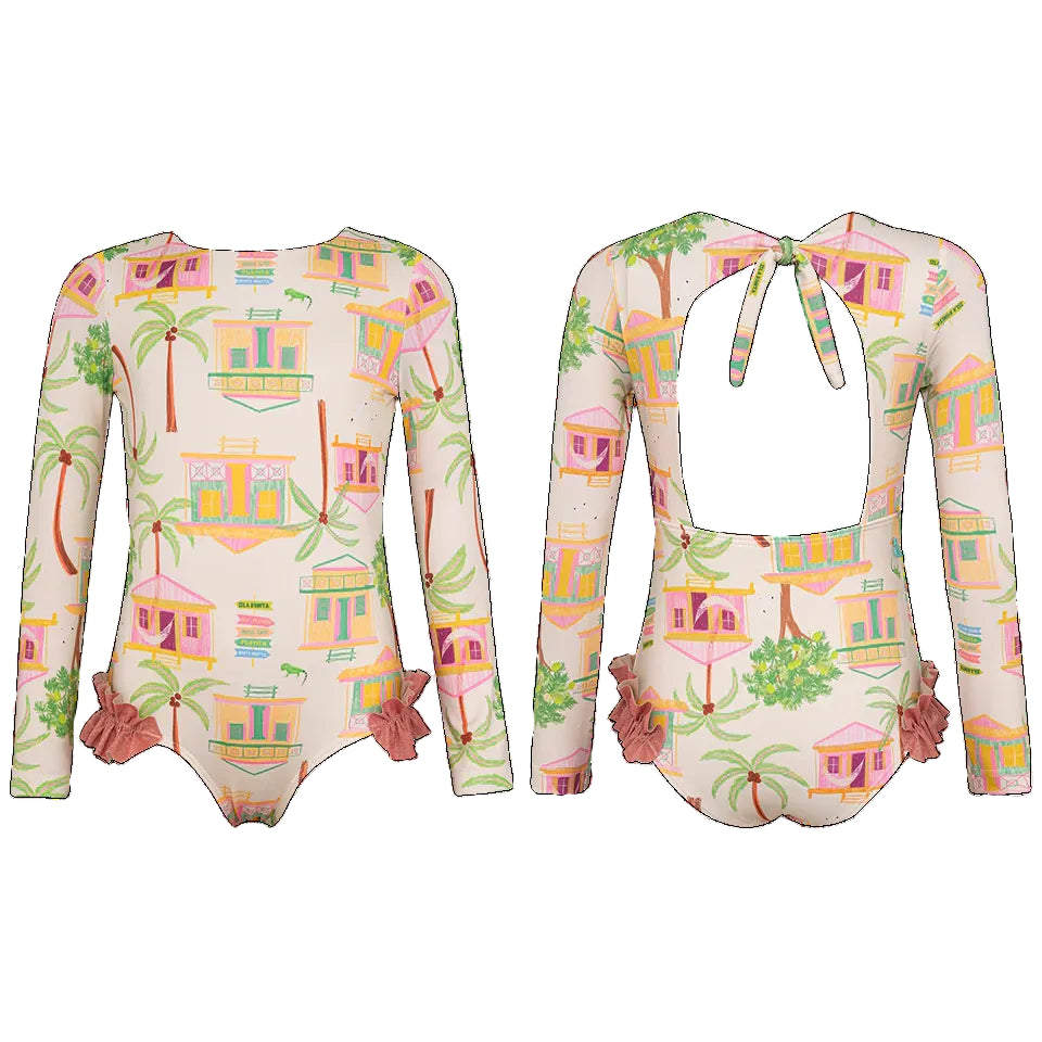 The Pepita & Me Baby Girls' and Girls' Alana Longsleeve Rashguard features UPF50+ sun protection, a pastel house and palm tree print, hip ruffles, and an open back with a tie closure.