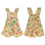 Front and back view of the Girls' Corissia Dress by Pepita & Me—a sleeveless summer dress for girls with ruffles, showcasing a colorful house and tree print on a light background.