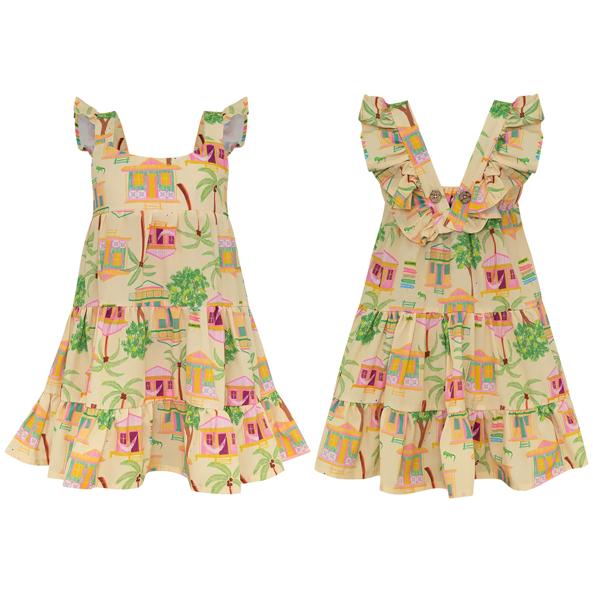 Front and back view of the Girls' Corissia Dress by Pepita & Me—a sleeveless summer dress for girls with ruffles, showcasing a colorful house and tree print on a light background.