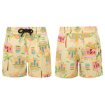 Pepita & Me Baby Boys' and Boys' Casitas Isleñas Amarillo Swim Trunks in yellow showcase a vibrant tropical house and palm tree print, quick-dry fabric, elastic waistband, black drawstring, with front and back views.