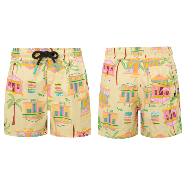 Pepita & Me Baby Boys' and Boys' Casitas Isleñas Amarillo Swim Trunks in yellow showcase a vibrant tropical house and palm tree print, quick-dry fabric, elastic waistband, black drawstring, with front and back views.