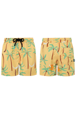 Pepita & Me Boys’ Swim Trunks in yellow with drawstring, made from quick-dry fabric and featuring a palm tree and hammock print, shown from front and back views.