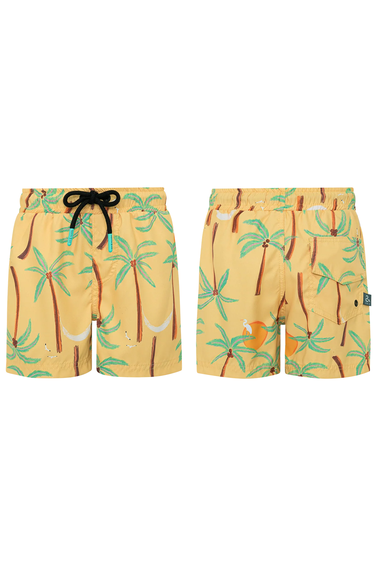 Pepita & Me Boys’ Swim Trunks in yellow with drawstring, made from quick-dry fabric and featuring a palm tree and hammock print, shown from front and back views.
