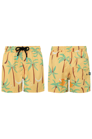 Pepita & Me Boys’ Swim Trunks in yellow with drawstring, made from quick-dry fabric and featuring a palm tree and hammock print, shown from front and back views.