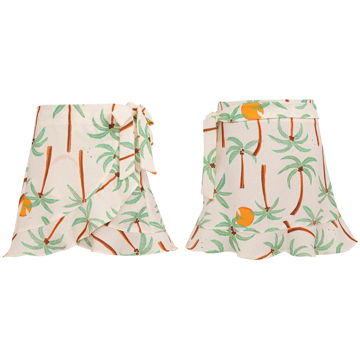 Front and back views of the Pepita & Me Girls' Marea Skirt—a comfy white skirt with palm tree and orange fruit print, side-tied. Perfect summer wear for girls.