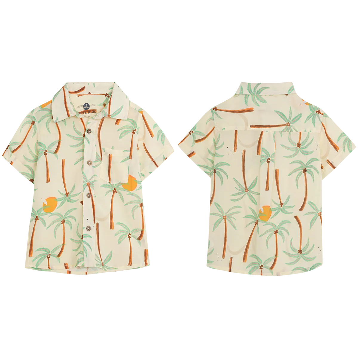 Front and back view of the Pepita & Me Baby Boys' and Boys' Guayabera Button Down, a short-sleeve summer shirt with tropical palm tree and orange fruit print on light cream, made from natural fiber.