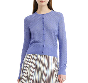 Periwinkle Pointelle Knit Cardigan with a diamond-patterned knit and a tailored fit.