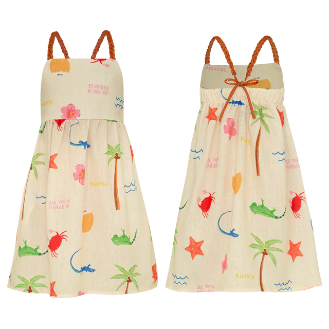 The Pepita & Me Girls' Isleno Dress is a comfy sleeveless summer dress with straps and braided shoulders, featuring a tropical print with palm trees, flowers, lizards, and starfish on a light background. Front and back views shown.